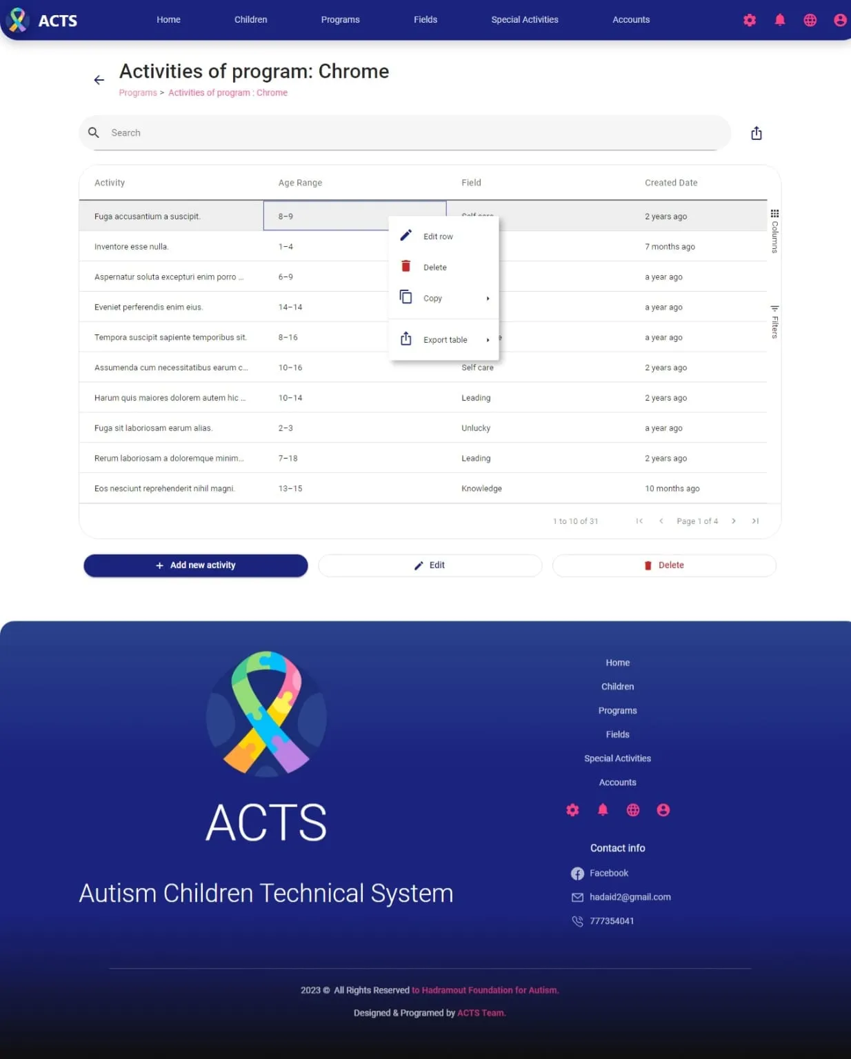 Activities Page